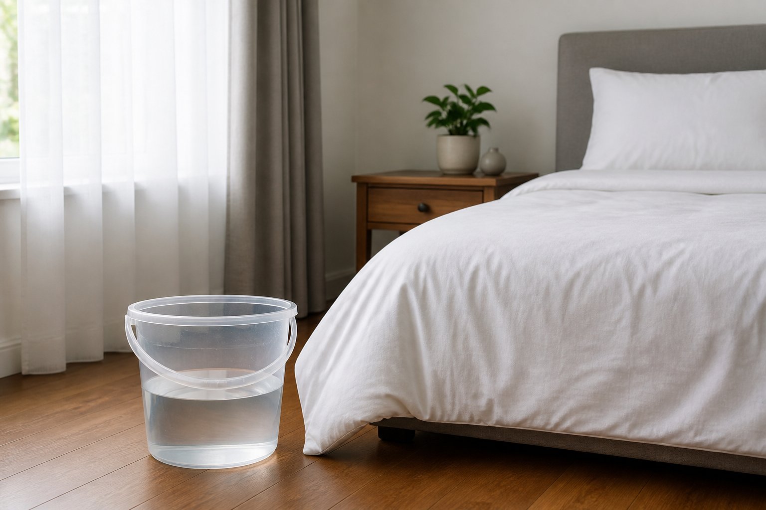 Quarto moderno com um balde transparente cheio de água no chão próximo à cama, luz natural entrando pela janela.