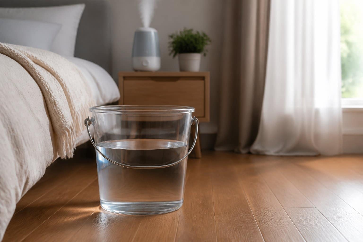 Um balde com água no chão de um quarto ao lado da cama, com luz natural entrando pela janela e uma planta pequena sobre a mesa de cabeceira.