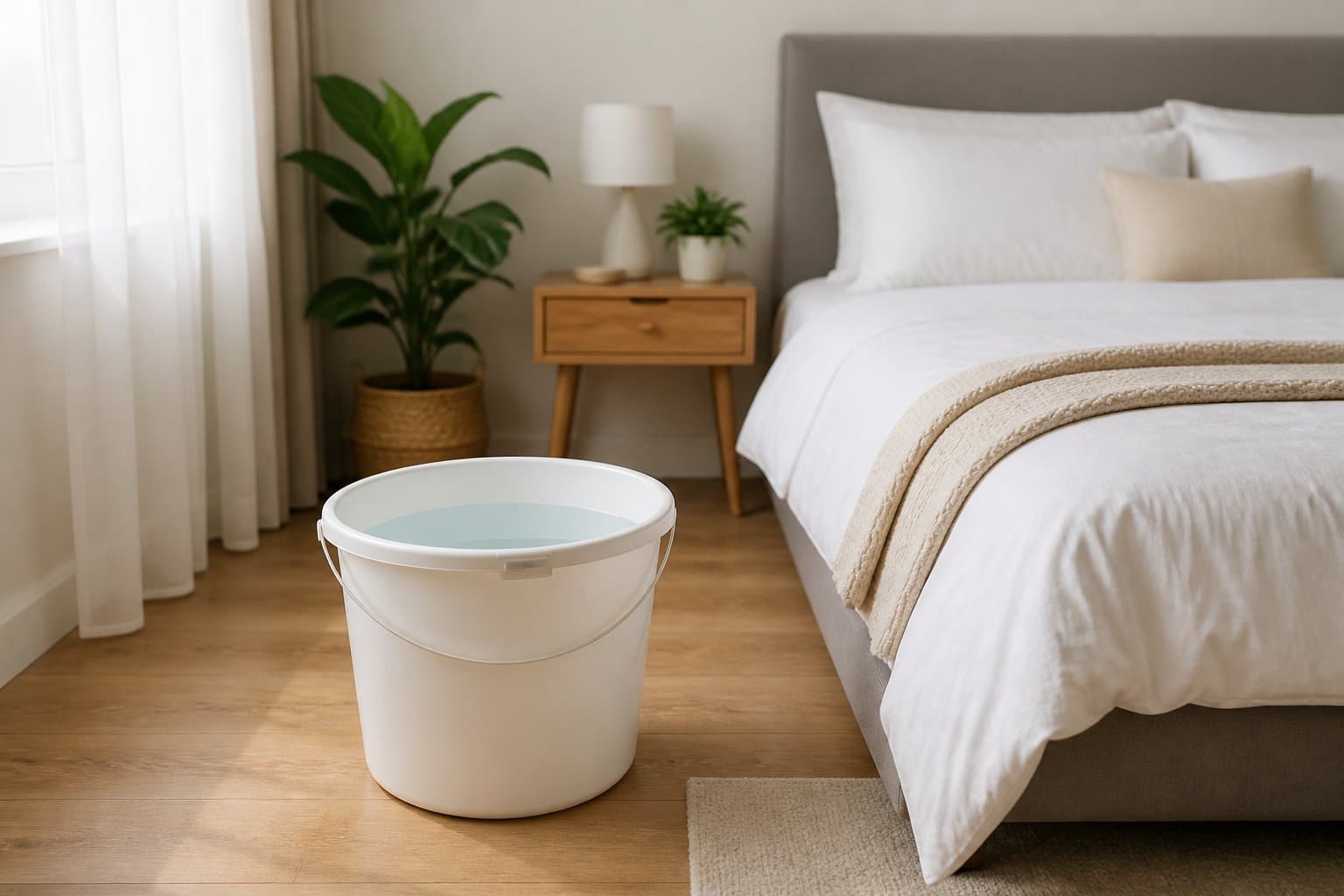 Quarto com balde cheio de água no chão próximo à cama, iluminado pela luz natural, mostrando um ambiente organizado e acolhedor.