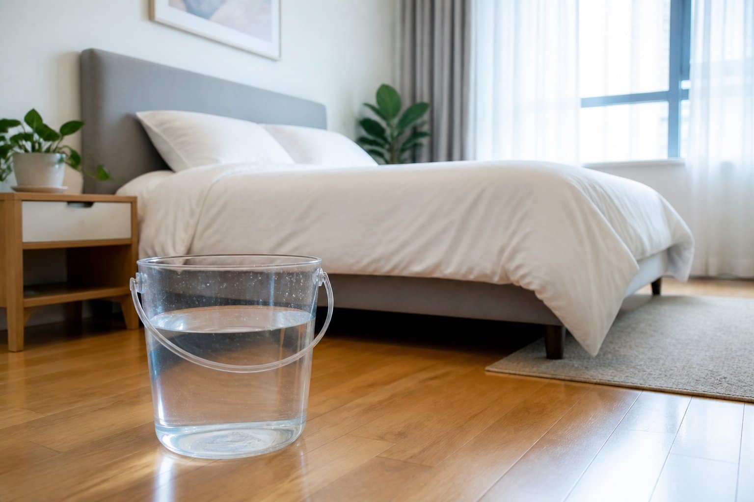 Quarto limpo e organizado com um balde transparente cheio de água no chão próximo à cama.