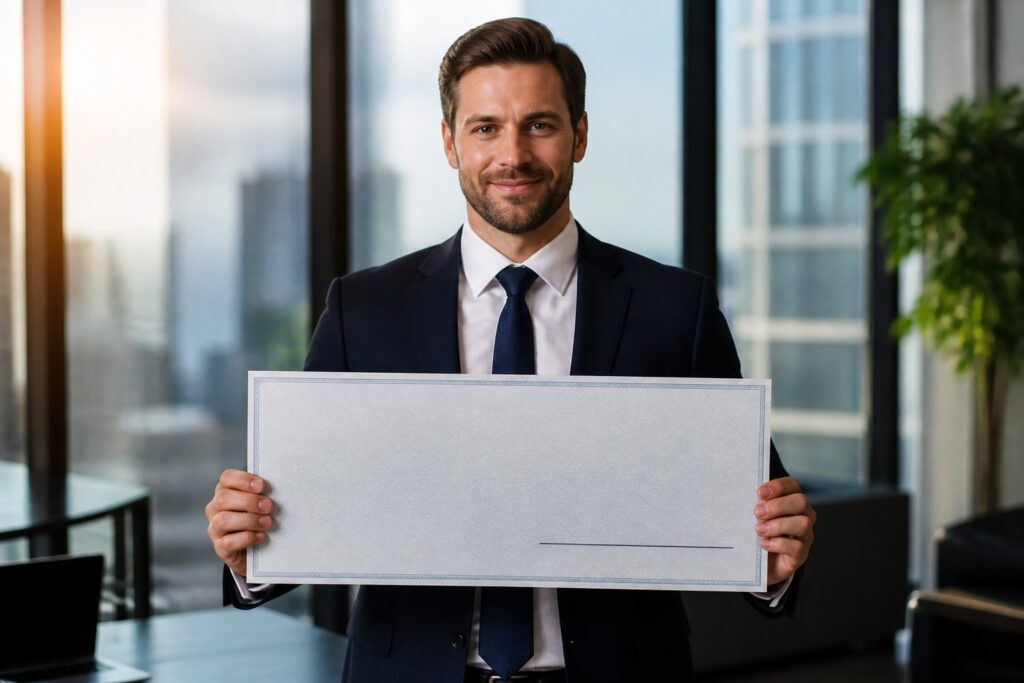 Homem de terno escuro segurando um cheque grande em um escritório moderno com vista para a cidade.
