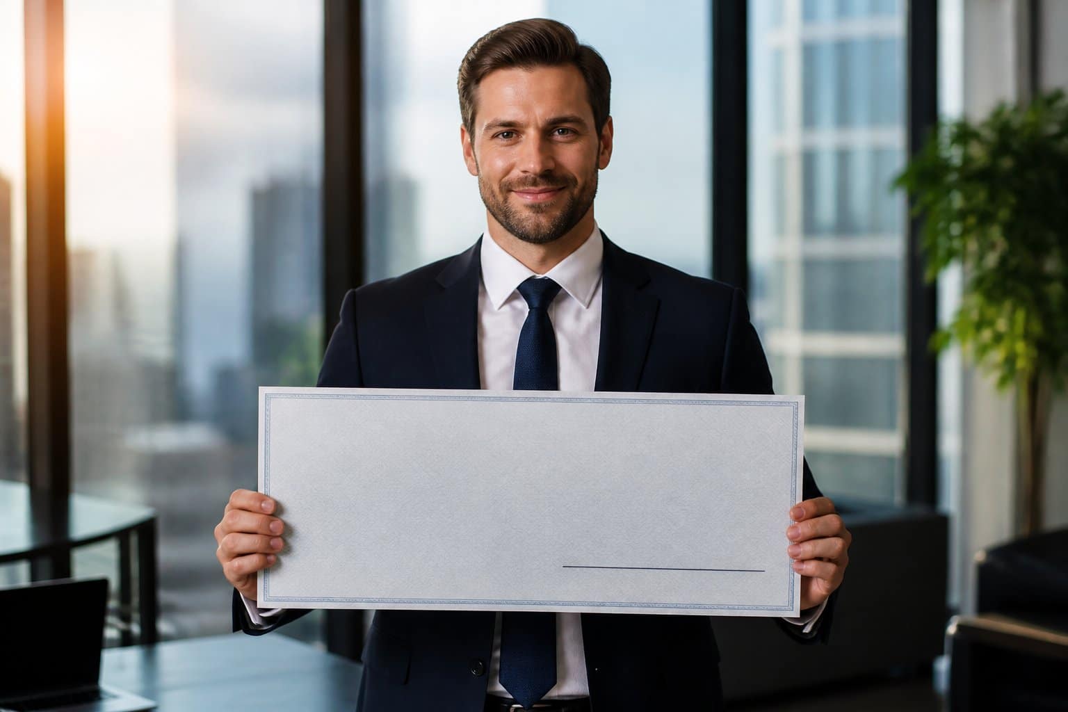 Homem de terno escuro segurando um cheque grande em um escritório moderno com vista para a cidade.