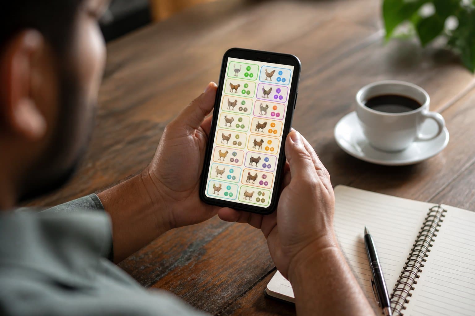 Pessoa segurando um smartphone verificando resultados de um jogo de loteria em uma mesa com café e um caderno.