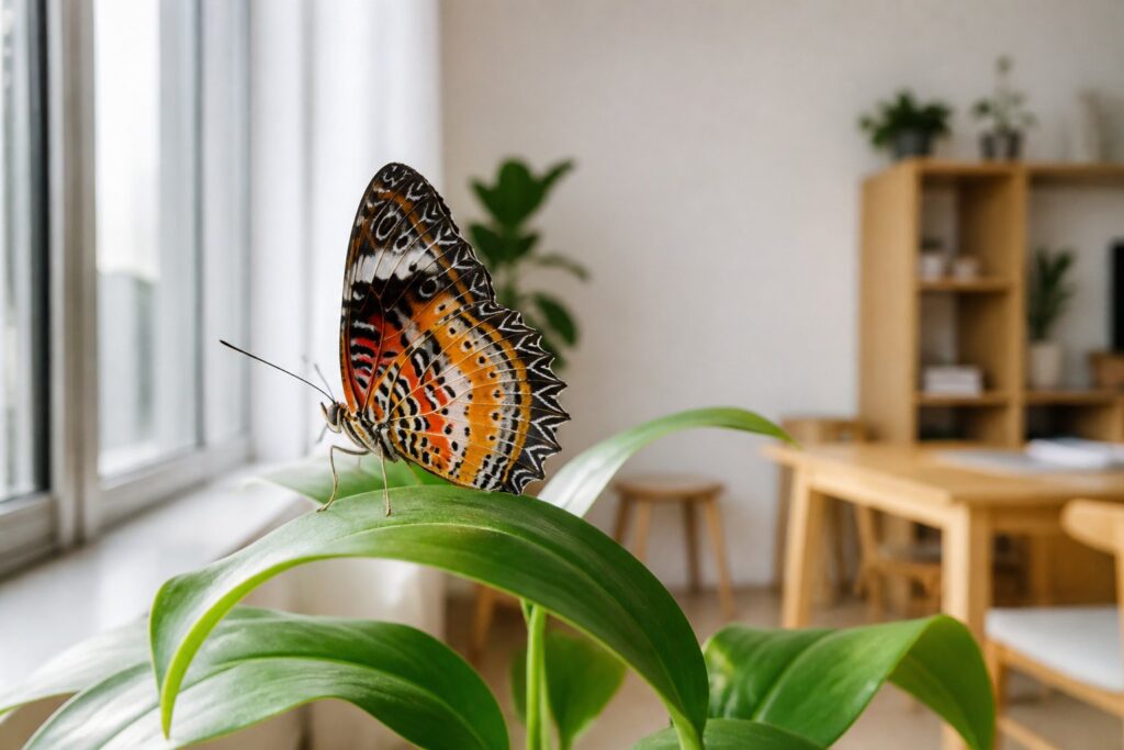 Uma borboleta colorida pousada em uma planta dentro de uma casa bem iluminada.
