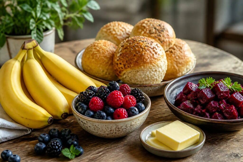 Mesa rústica com uma variedade de alimentos que começam com a letra B, incluindo bananas, frutas vermelhas, pães assados, manteiga e salada de beterraba.