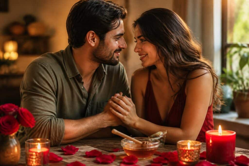 Casal sentado junto à mesa com velas e pétalas de rosa, segurando as mãos e olhando um para o outro com carinho.