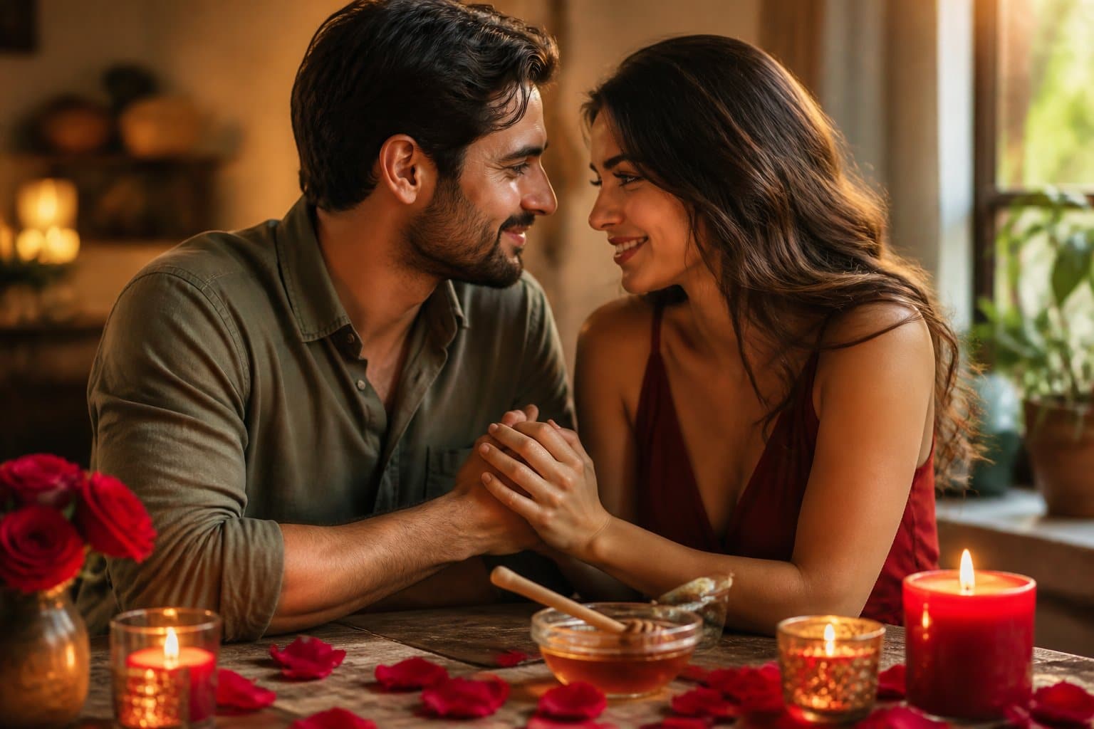 Casal sentado junto à mesa com velas e pétalas de rosa, segurando as mãos e olhando um para o outro com carinho.