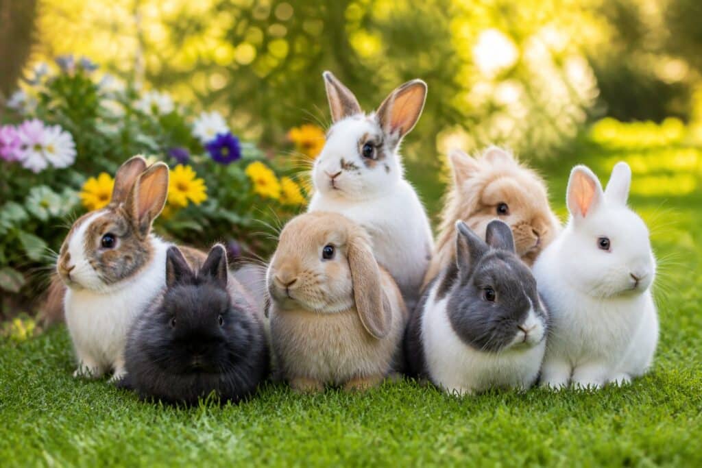 Vários coelhos de diferentes cores em um gramado verde com flores ao fundo.