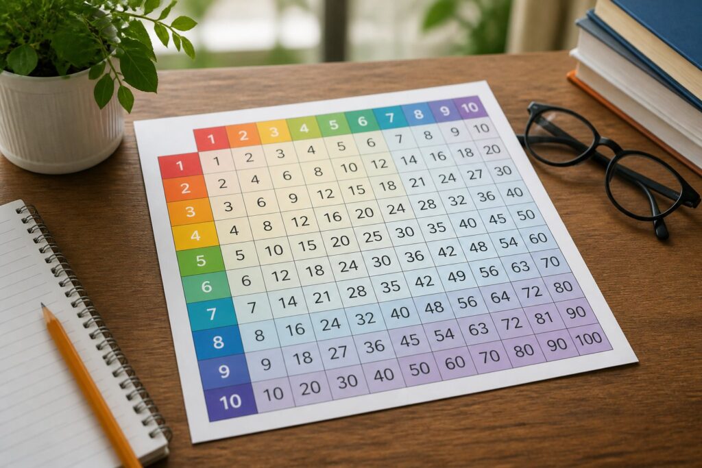Mesa de madeira com uma tabela pitagórica colorida organizada em formato de grade, cercada por materiais de estudo como lápis, caderno e óculos.
