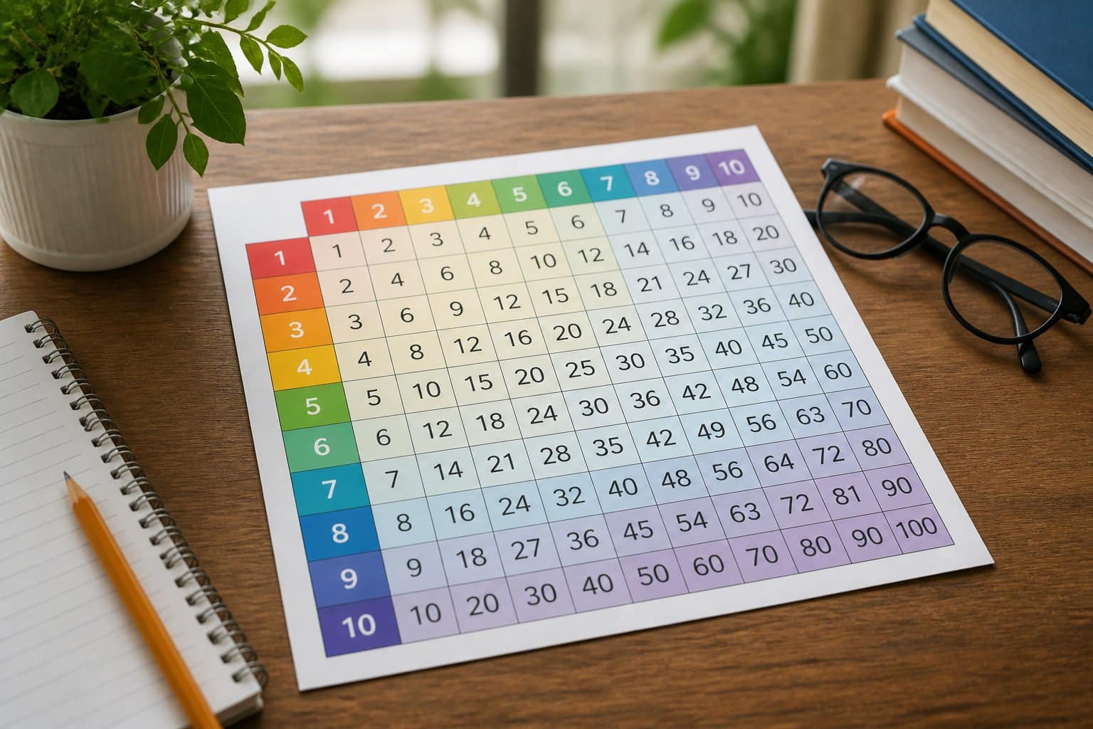 Mesa de madeira com uma tabela pitagórica colorida organizada em formato de grade, cercada por materiais de estudo como lápis, caderno e óculos.