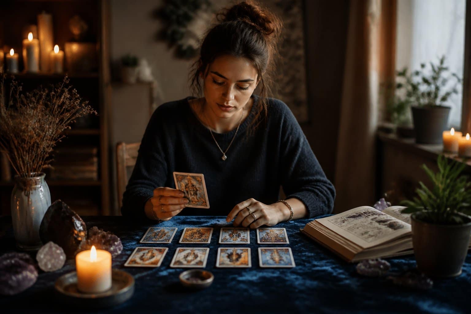 Pessoa sentada em uma mesa com cartas de tarô espalhadas, iluminada por velas, em um ambiente tranquilo e espiritual.