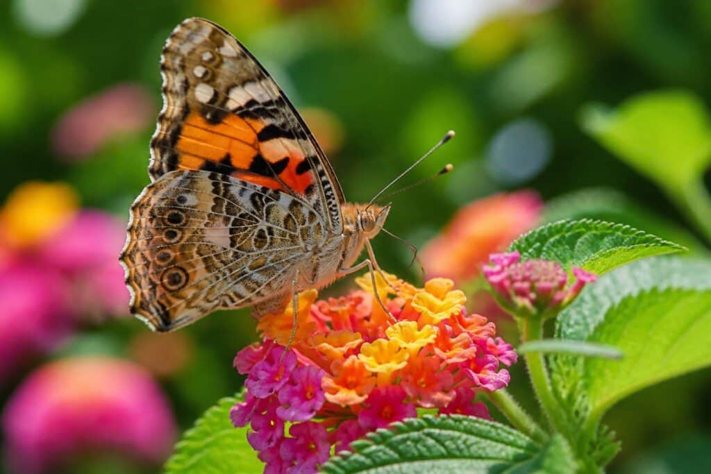 Borboleta colorida pousada em flores pequenas e vibrantes, com fundo desfocado.