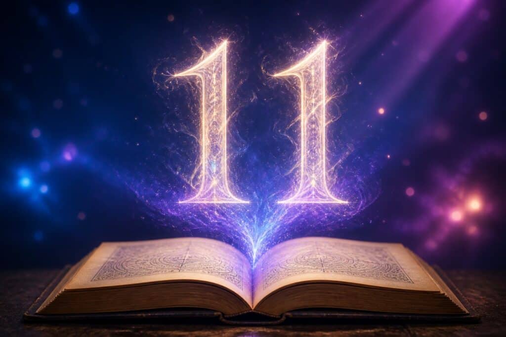 Dois dígitos 11 brilhando acima de um livro aberto com símbolos místicos em um fundo azul e roxo.