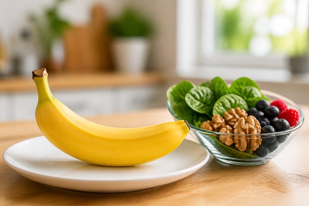 Banana madura em um prato branco sobre uma mesa de madeira, ao lado de um pequeno recipiente com alimentos saudáveis para o fígado, em uma cozinha iluminada.