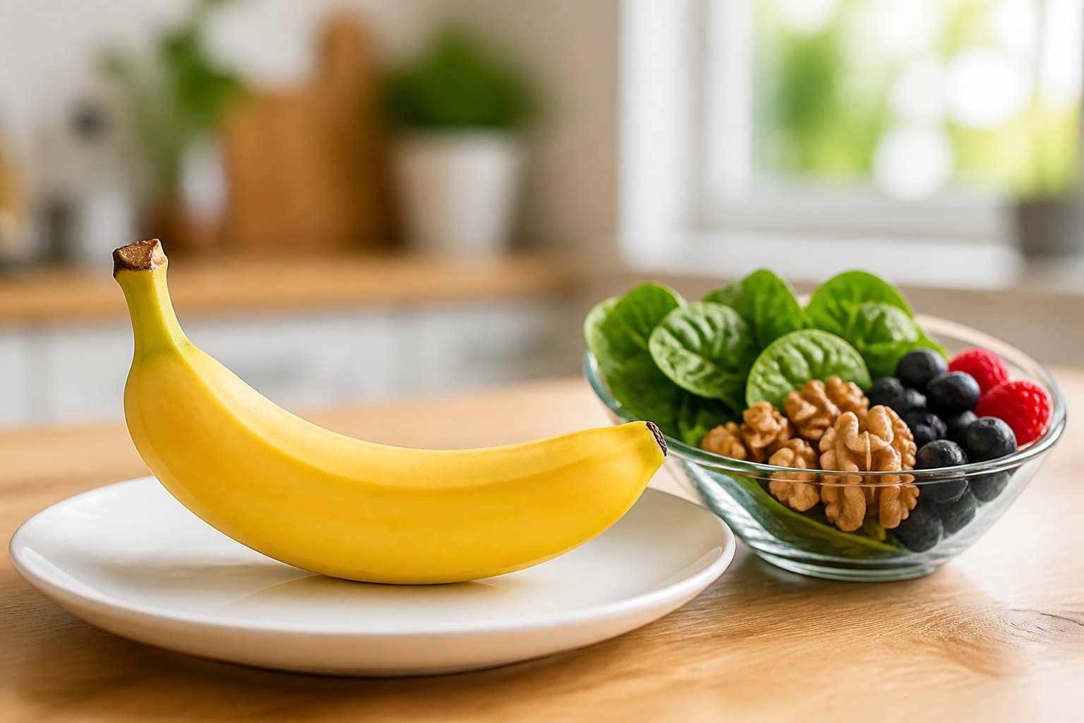 Banana madura em um prato branco sobre uma mesa de madeira, ao lado de um pequeno recipiente com alimentos saudáveis para o fígado, em uma cozinha iluminada.