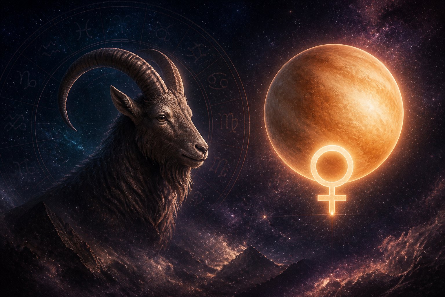 Símbolo do signo de Capricórnio com um planeta brilhante representando Vênus em um fundo estrelado e cósmico.