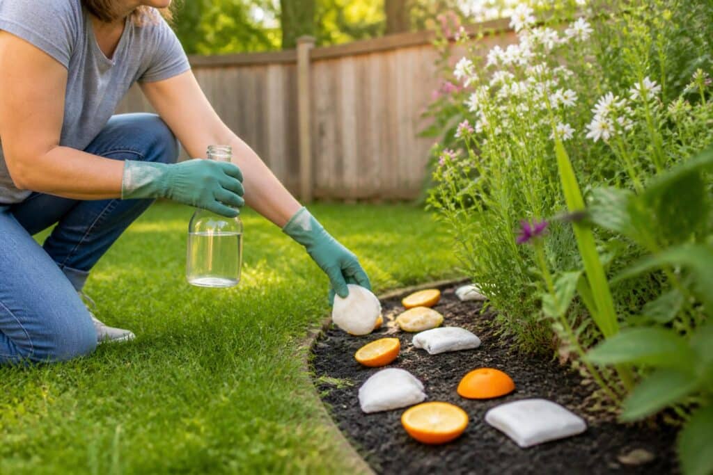 Pessoa colocando cascas de frutas cítricas e panos com vinagre ao redor de um jardim em um quintal para espantar gambás.