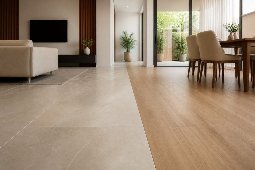 Ambiente moderno mostrando a transição entre um piso de porcelanato e um piso vinílico.