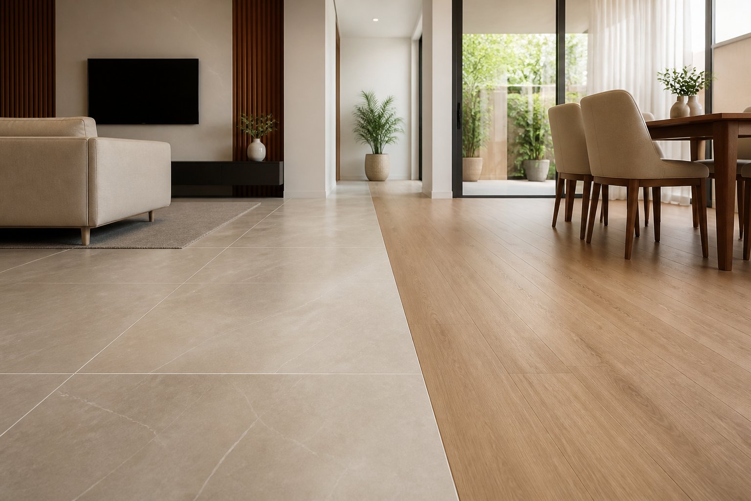 Ambiente moderno mostrando a transição entre um piso de porcelanato e um piso vinílico.