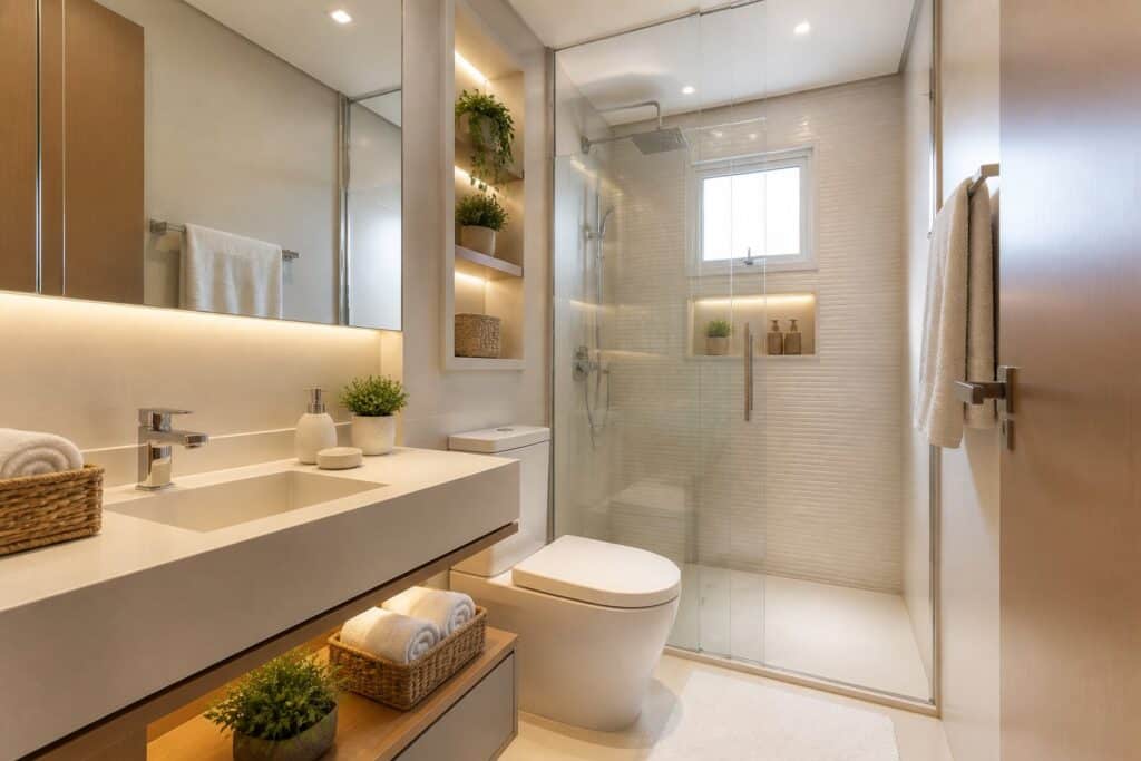Banheiro pequeno, moderno e organizado, com espelho, bancada, box de vidro e decoração discreta.