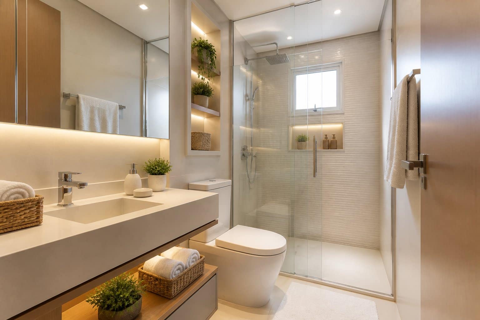 Banheiro pequeno, moderno e organizado, com espelho, bancada, box de vidro e decoração discreta.