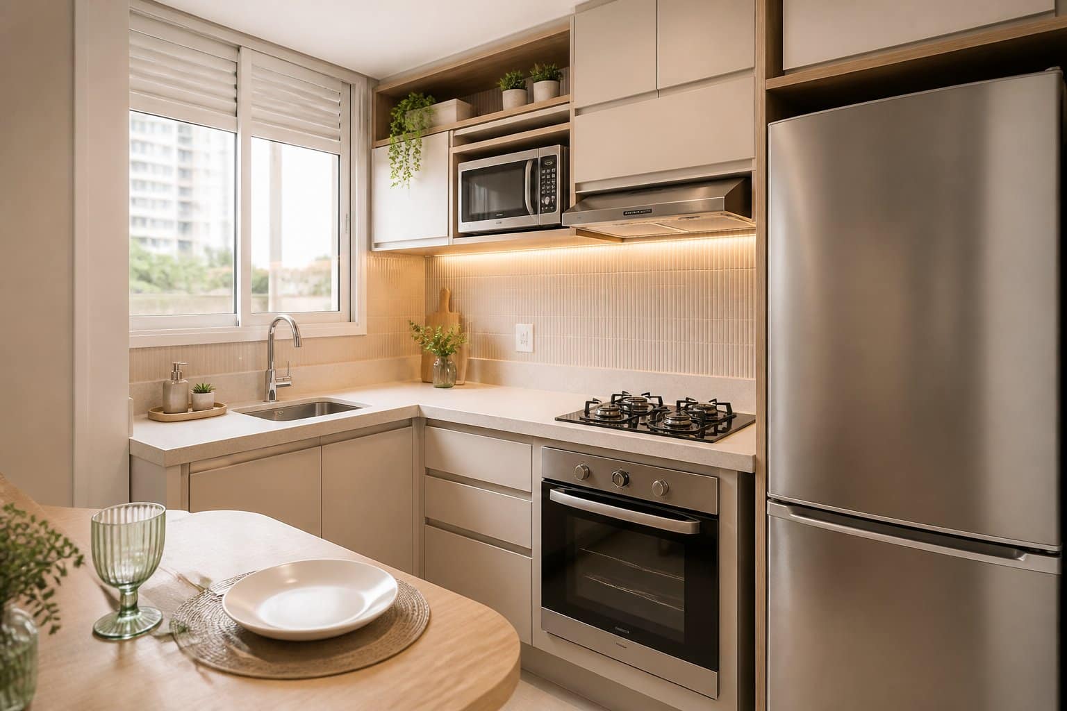 Cozinha pequena e organizada, com armários claros, bancada compacta, eletrodomésticos e iluminação natural.