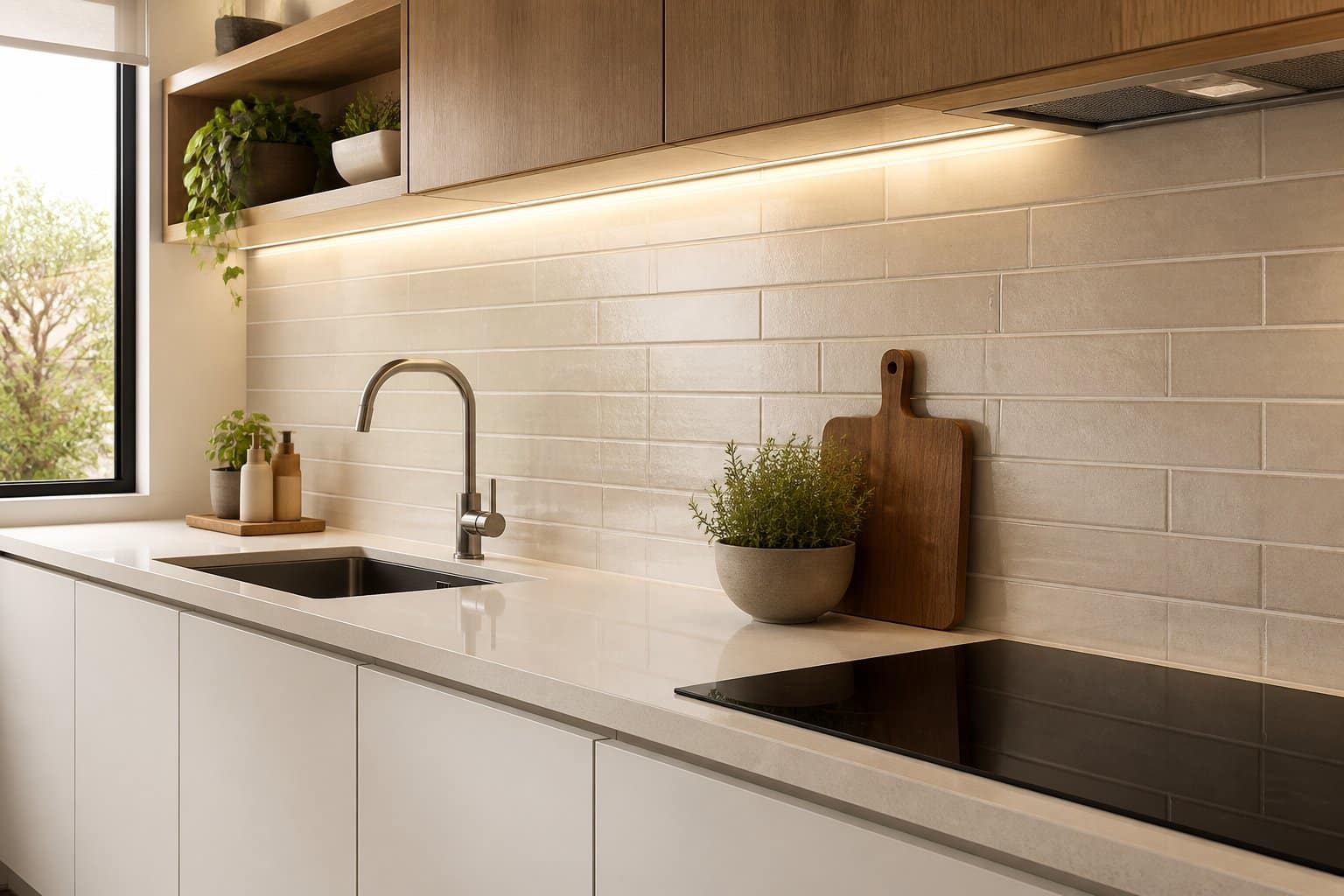 Cozinha moderna com revestimento claro de azulejos na parede entre a bancada e os armários.