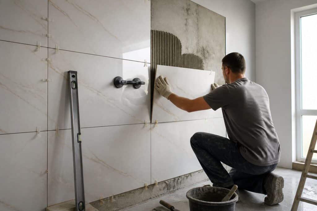 Profissional instala placas de porcelanato em uma parede interna.