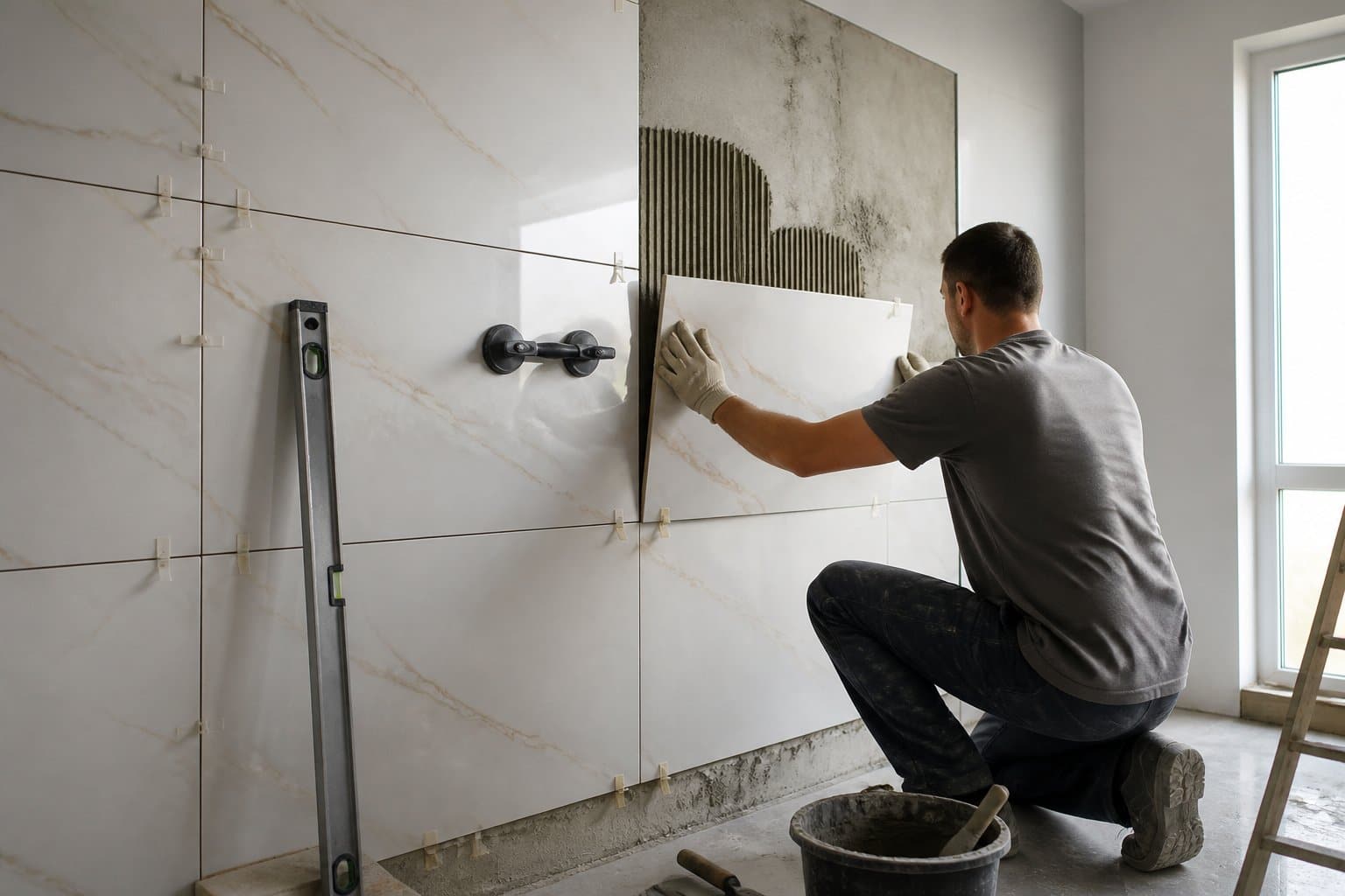 Profissional instala placas de porcelanato em uma parede interna.