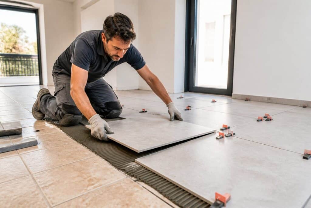 Profissional instala placas de porcelanato sobre um piso existente de cerâmica.