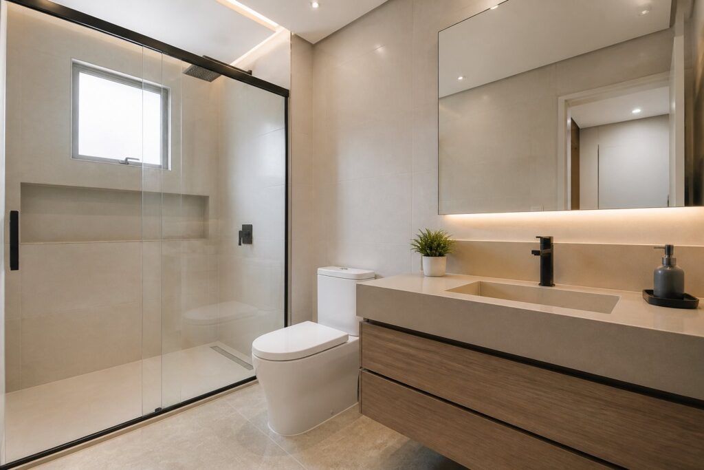 Banheiro contemporâneo com revestimentos claros nas paredes e no piso, box de vidro e bancada moderna.