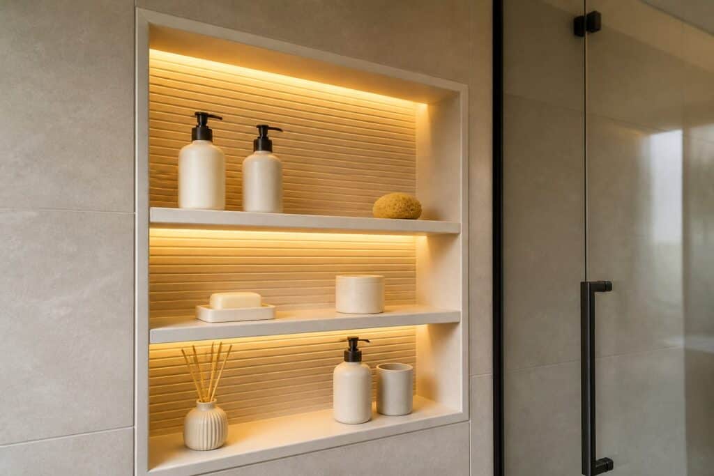 Nicho embutido e iluminado em uma parede de banheiro moderno, com produtos de banho organizados.