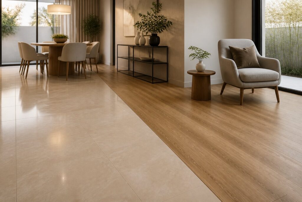 Ambiente residencial moderno com porcelanato de um lado e piso laminado de madeira do outro.