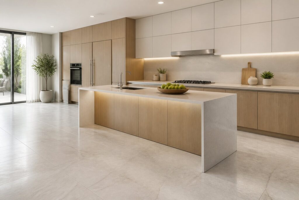 Cozinha contemporânea com piso e revestimentos de porcelanato claro, armários planejados e ilha central.
