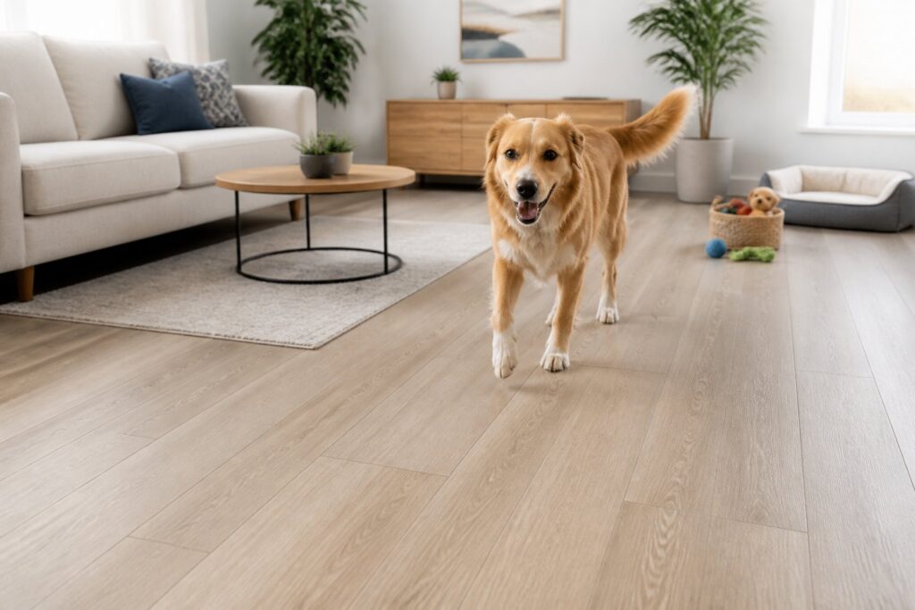 Cachorro caminhando em uma sala iluminada com piso claro, resistente e fácil de limpar.
