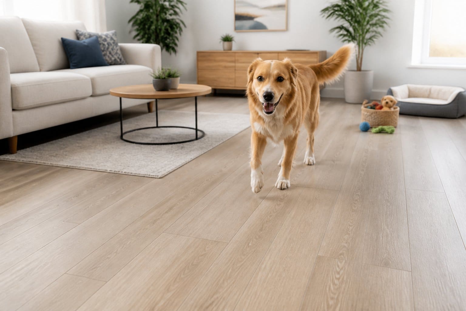 Cachorro caminhando em uma sala iluminada com piso claro, resistente e fácil de limpar.