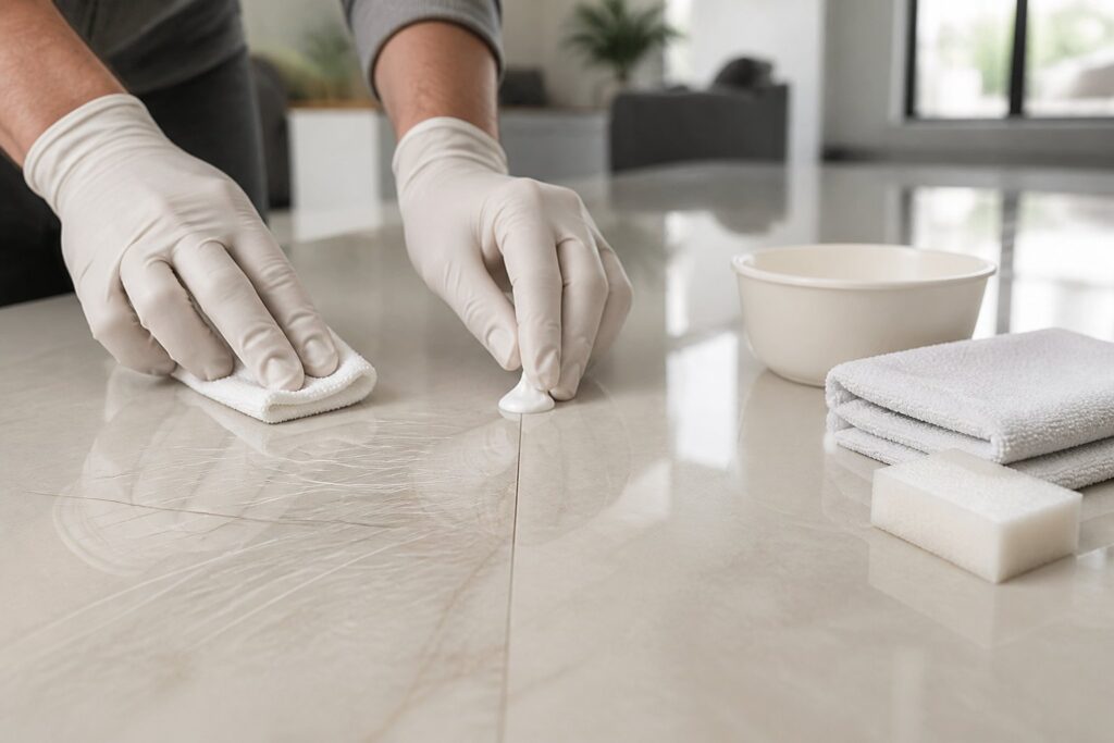 Pessoa usando pano de microfibra para remover um risco de uma superfície de porcelanato.