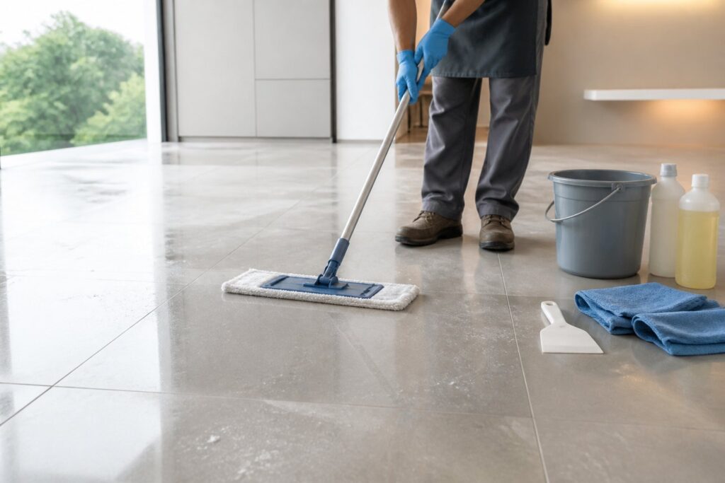 Pessoa limpa um piso de porcelanato após uma obra usando um mop e materiais de limpeza.