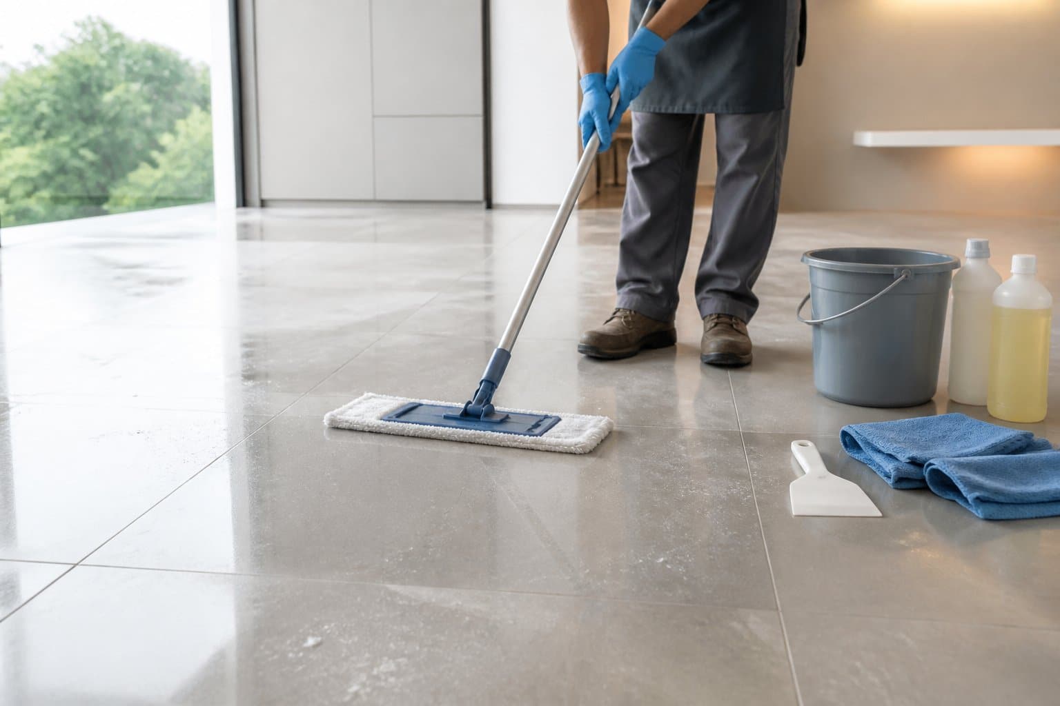 Pessoa limpa um piso de porcelanato após uma obra usando um mop e materiais de limpeza.